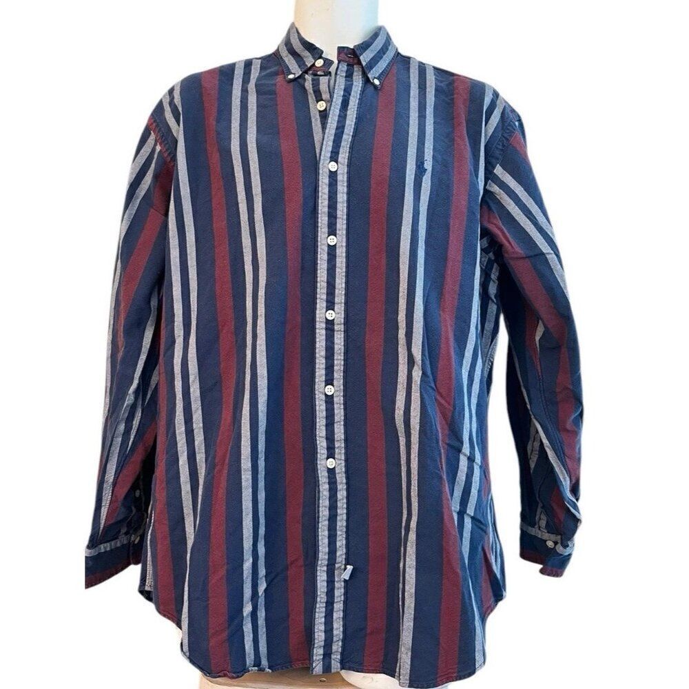 Ralph Lauren Mens Large Multi Color Striped Button Front Cotton Shirt Pony Vtg